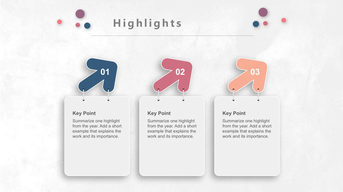 Pastel Circle Annual Review Presentation Template: Three coloured arrows numbered 01–03 point upward and right. Small loop fasteners suspend three white rounded note cards beneath them.