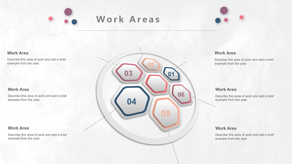 Pastel Circle Annual Review Presentation Template: Six coloured numbered polygons surround an unlabelled central polygon inside a large white circle. Thin leader lines connect the arrangement to six separate notes.