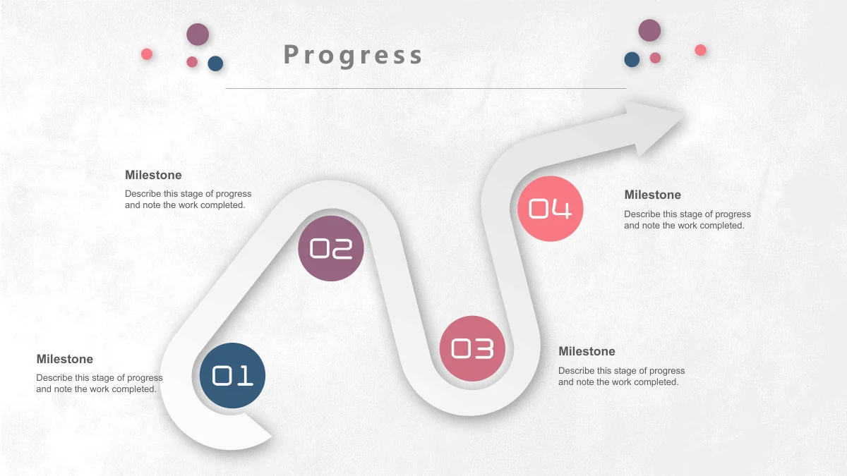 Pastel Circle Annual Review Presentation Template: A raised white route bends through four coloured circular stops marked 01–04 and finishes with an arrowhead. Separate notes sit beside the turns.