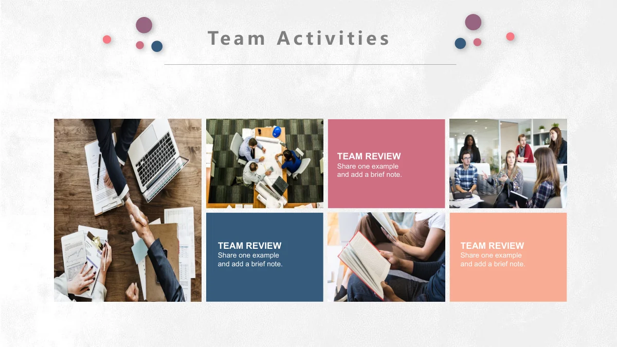 Pastel Circle Annual Review Presentation Template: A tall handshake photograph anchors the left of a seven-cell mosaic. Smaller photos show planning, discussion and reading, alternating with three solid-colour text blocks.