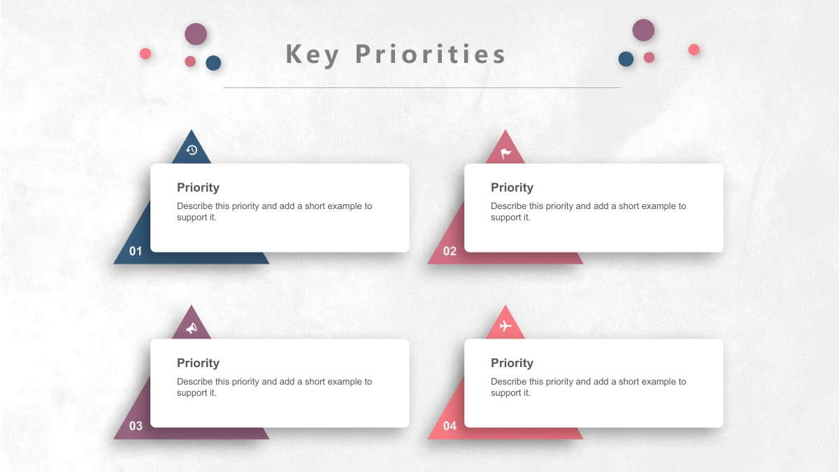 Pastel Circle Annual Review Presentation Template: Four coloured triangles sit behind white raised note cards in a two-by-two arrangement. Each combines a small symbol, a number and space for a short explanation.