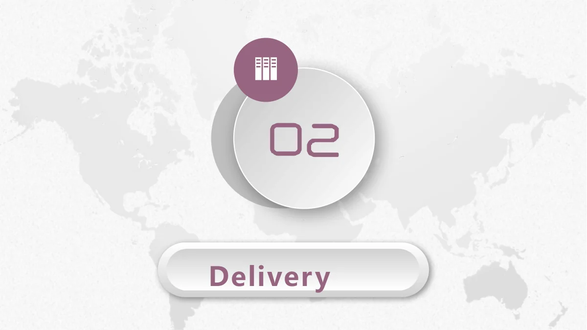 Pastel Circle Annual Review Presentation Template: A raised disc marked 02 stands over the pale world map. A purple binder-icon circle overlaps the upper edge, with a rounded chapter-title bar below.