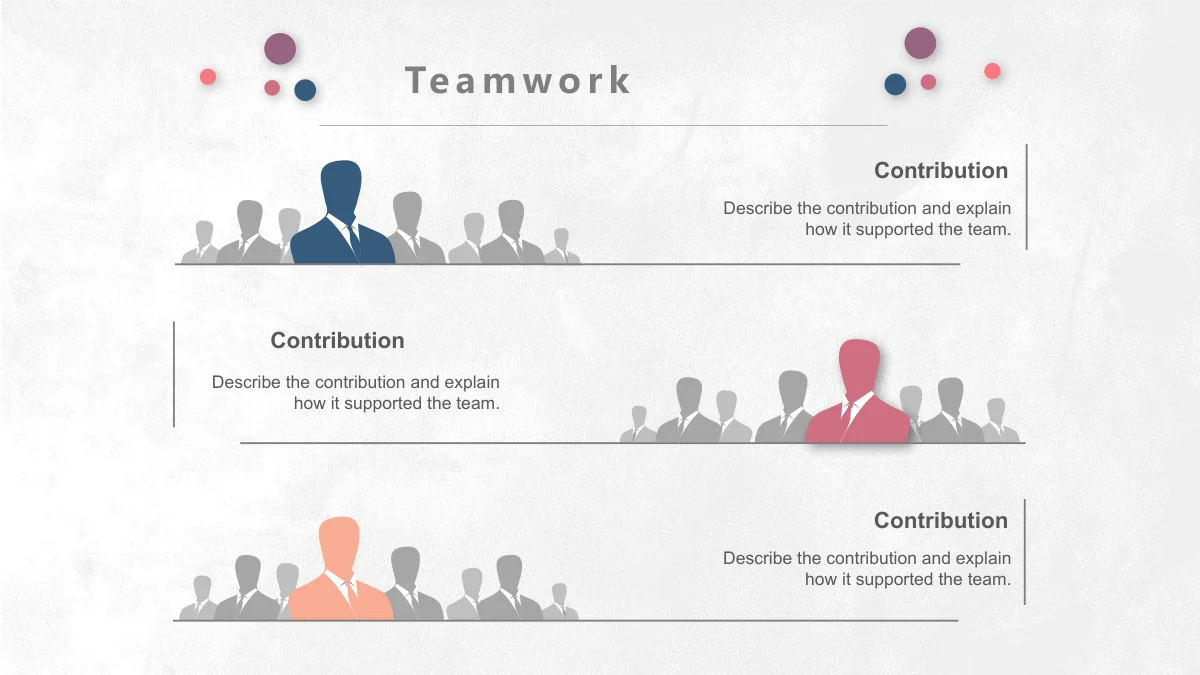 Pastel Circle Annual Review Presentation Template: Three rows of business silhouettes align with separate note areas. A blue, pink or peach figure stands out in each row, with the notes alternating between the two sides.