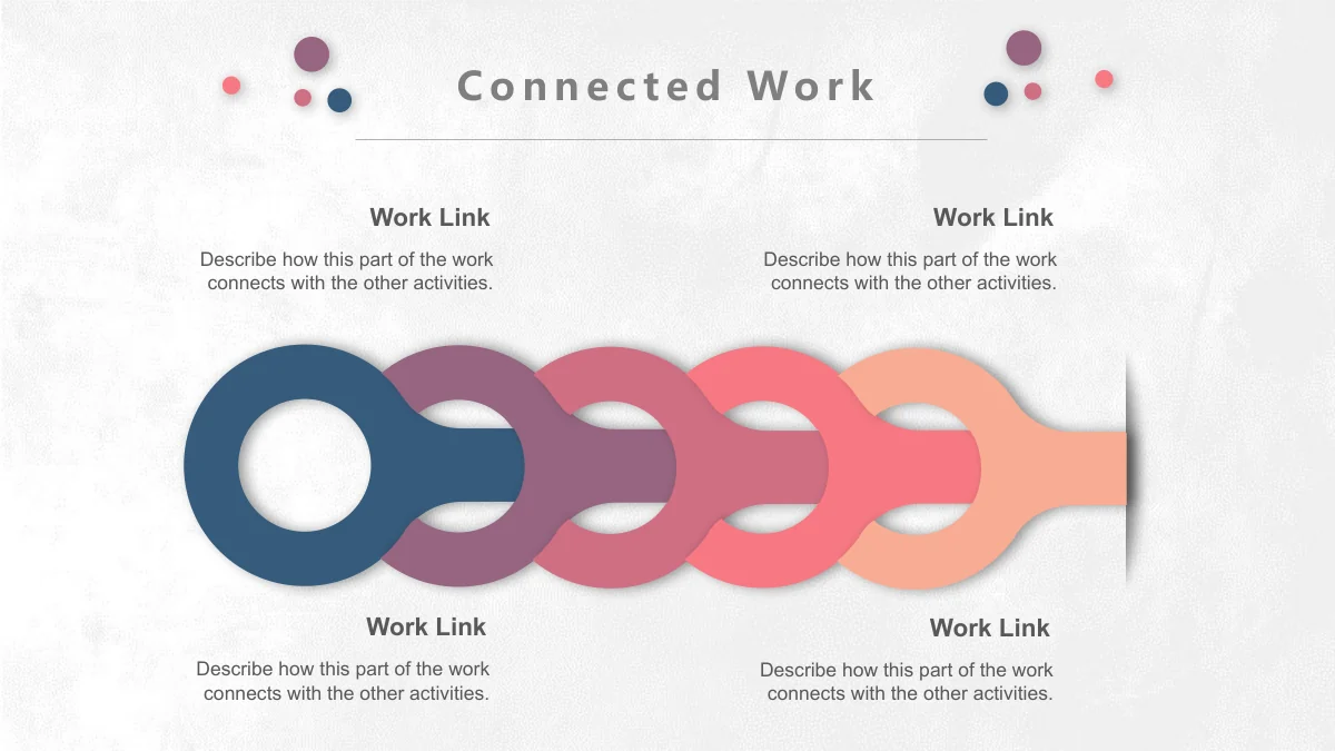 Pastel Circle Annual Review Presentation Template: Five overlapping blue-to-peach loop shapes form a horizontal chain. Four note blocks sit above and below the raised linked arrangement.