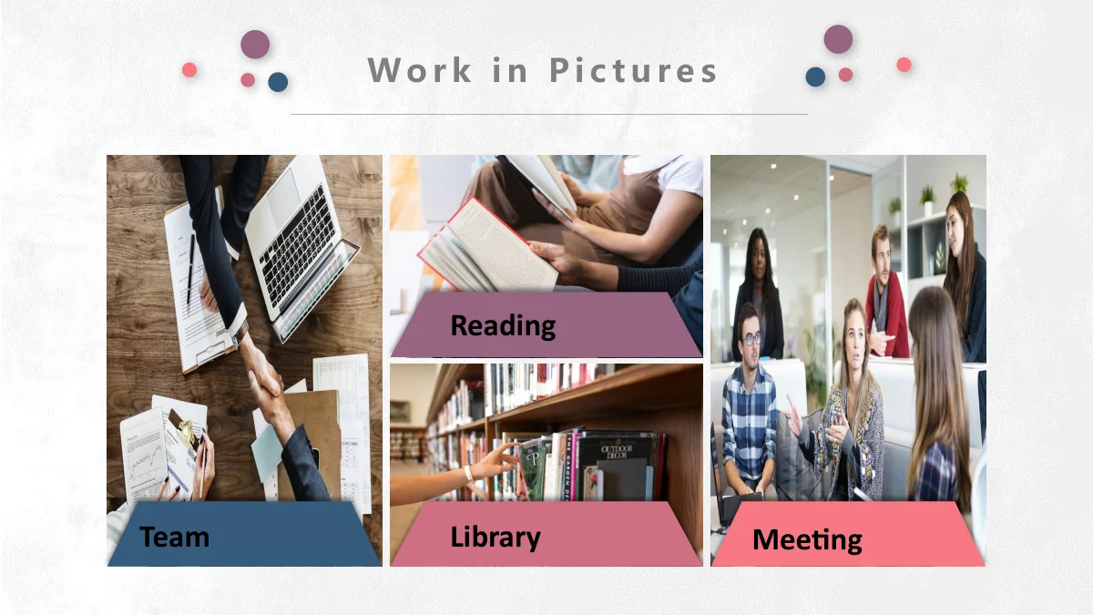 Pastel Circle Annual Review Presentation Template: A tall handshake photo sits left, reading and library photos share the centre column, and an office discussion photo fills the right. Coloured trapezoid labels overlap the photo panels.