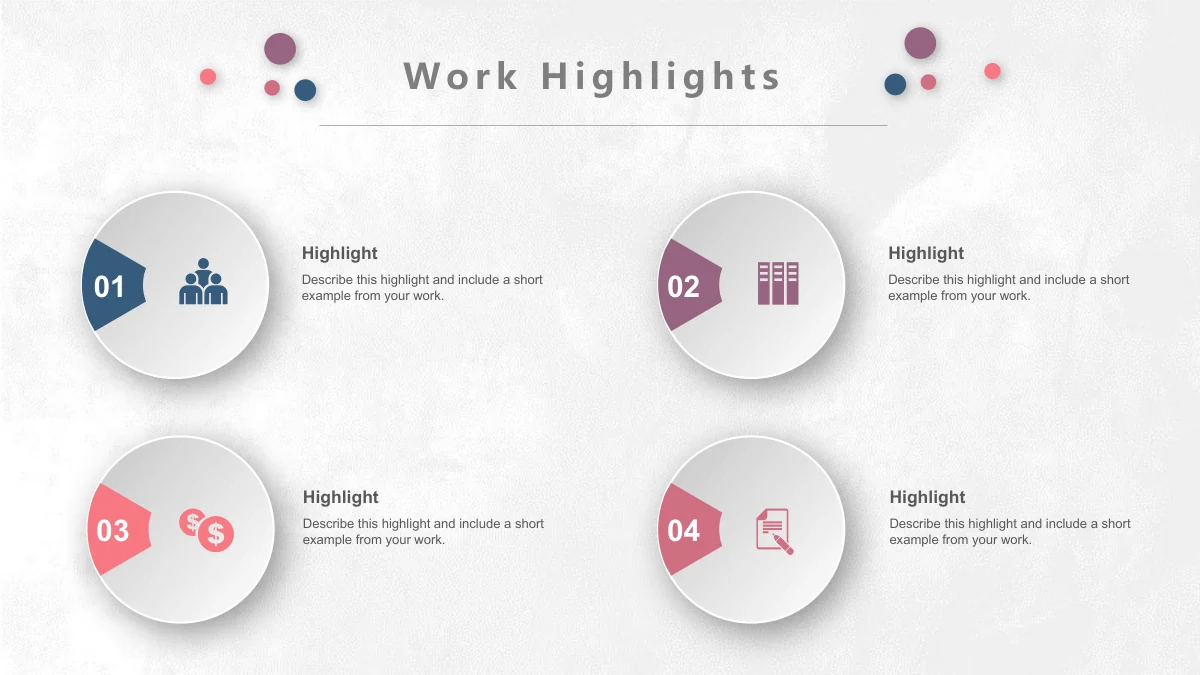 Pastel Circle Annual Review Presentation Template: Four white raised circles form a two-by-two arrangement with coloured numbered wedges. People, binders, currency and document symbols introduce separate notes beside the circles.