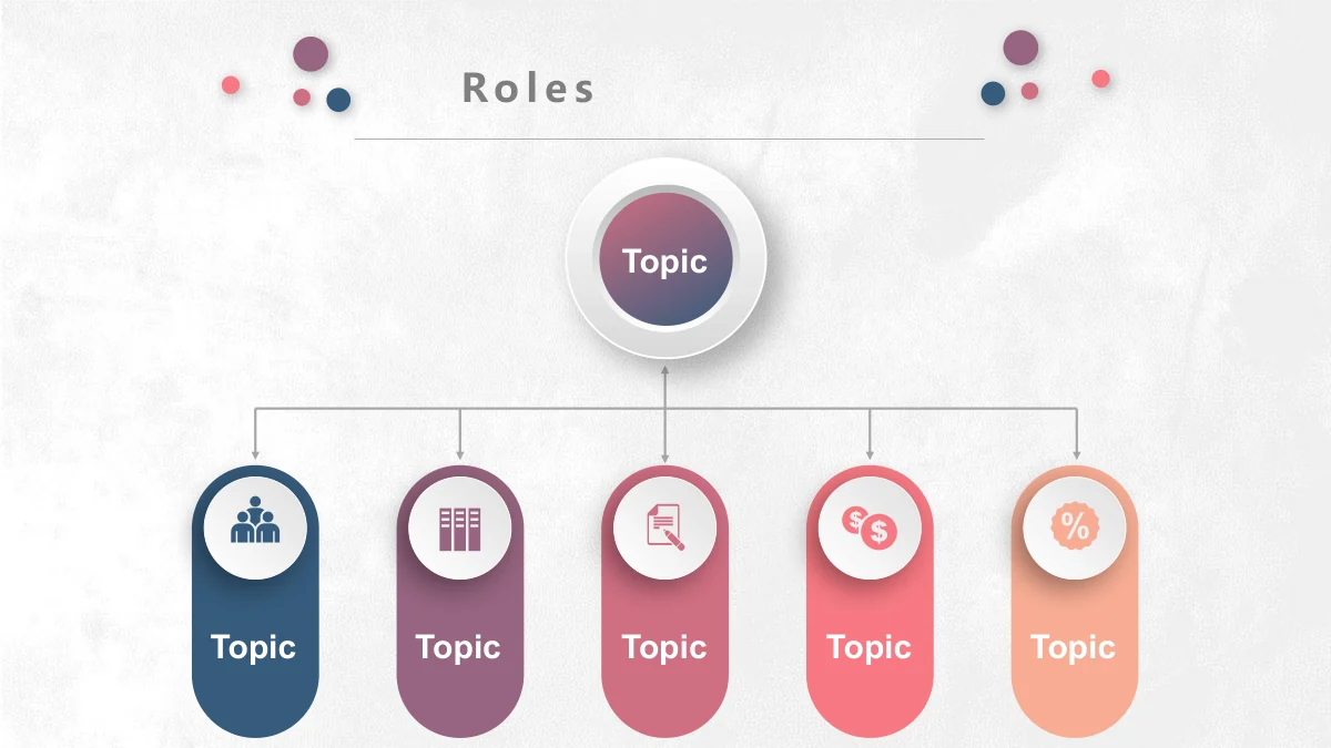 Pastel Circle Annual Review Presentation Template: A raised parent circle links by thin lines and arrows to five coloured vertical capsules. Each capsule carries a small circular icon badge and its own label area.