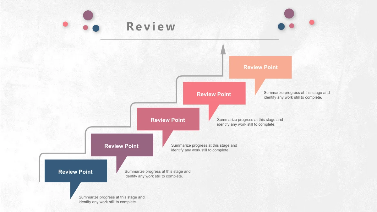 Pastel Circle Annual Review Presentation Template: Five coloured speech bubbles rise along a thin grey stair-like arrow. Each step has a short label inside and a separate explanatory note beside the route.