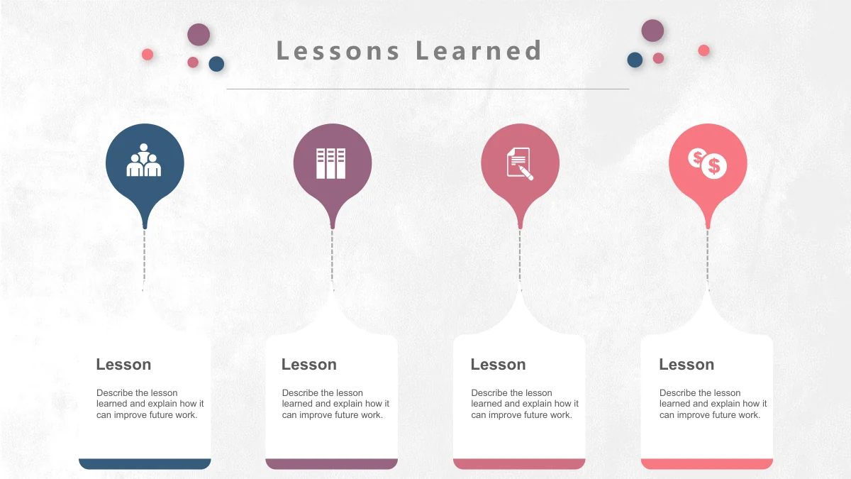 Pastel Circle Annual Review Presentation Template: Four coloured pin-shaped icon markers sit above white note cards. Short dashed stems connect the people, binder, document and currency symbols to their notes.