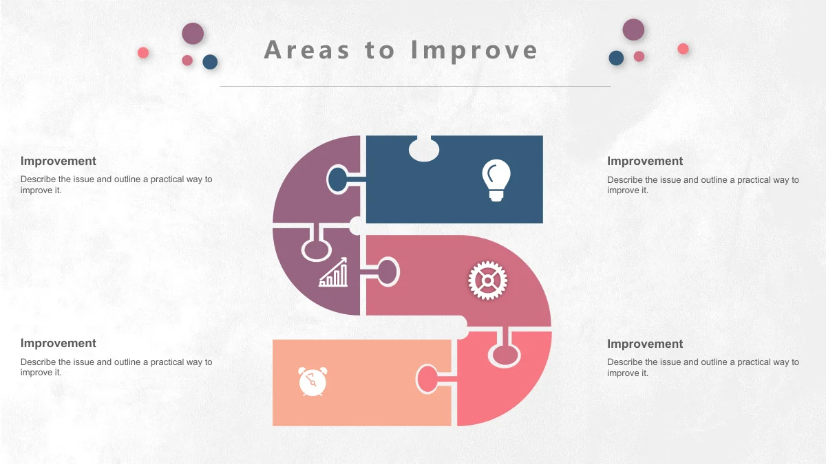 Pastel Circle Annual Review Presentation Template: Five blue, purple, pink, coral and peach puzzle pieces join into a tall S-shaped path. Four surrounding note areas explain the linked parts.