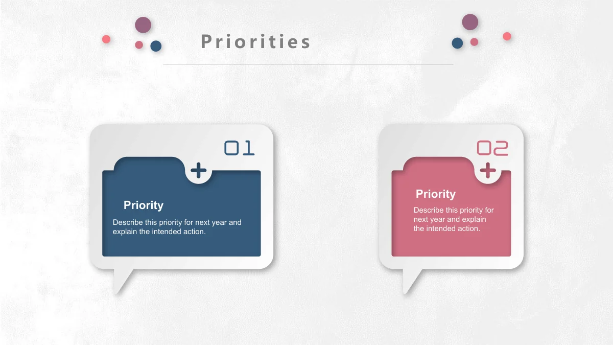 Pastel Circle Annual Review Presentation Template: Blue and pink note panels sit inside large white raised speech-window frames. Small plus-shaped details and the labels 01 and 02 distinguish the paired windows.