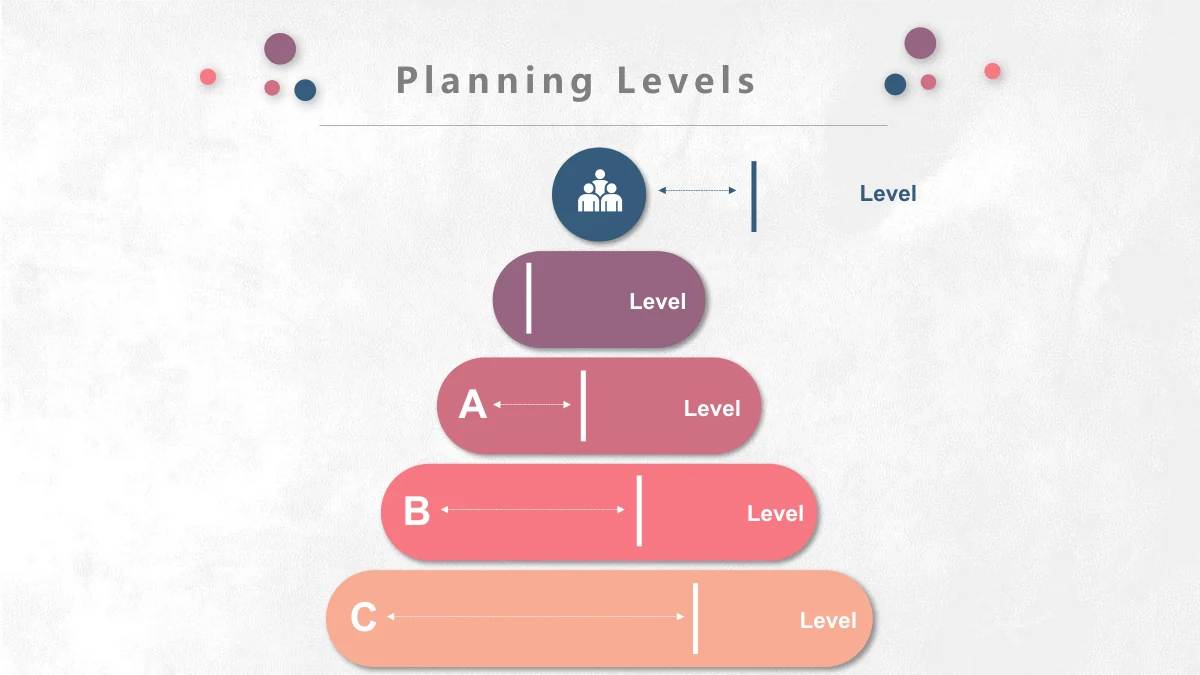 Pastel Circle Annual Review Presentation Template: A blue people-icon circle sits above four progressively wider rounded bars in purple, pink, coral and peach. Text areas and A, B and C labels organise the widening stack.