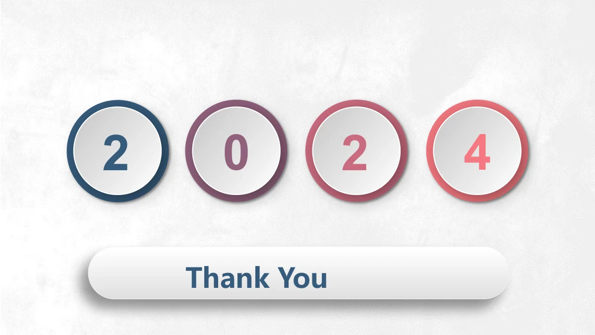 Pastel Circle Annual Review Presentation Template: Four raised white circles ringed in blue, purple, pink and coral display 2024. A wide rounded white thank-you bar repeats the soft closing style of the opening.