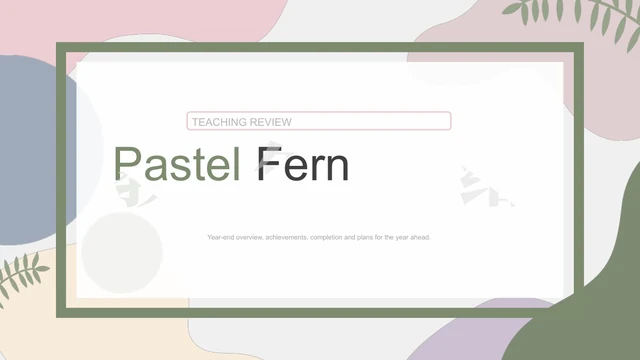 Pastel Fern title inside a sage rectangular frame with fern leaves and soft pink, lavender and blue shapes.