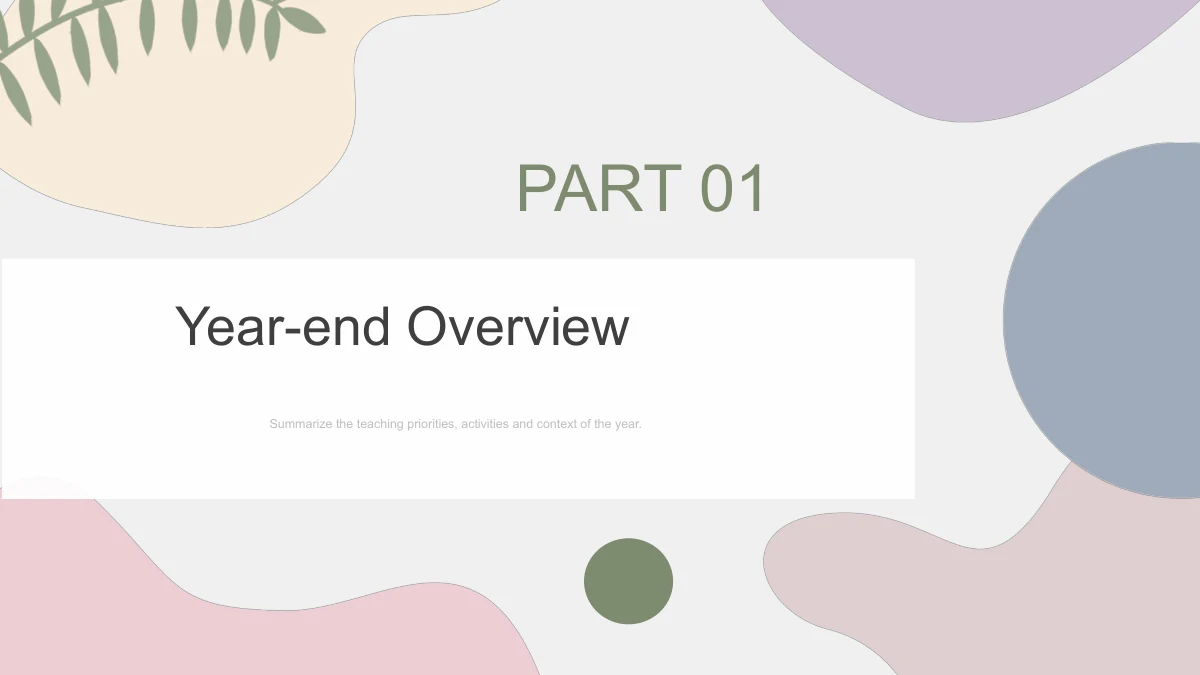 PART 01 appears above a white band carrying Year-end Overview, surrounded by pastel organic corners.
