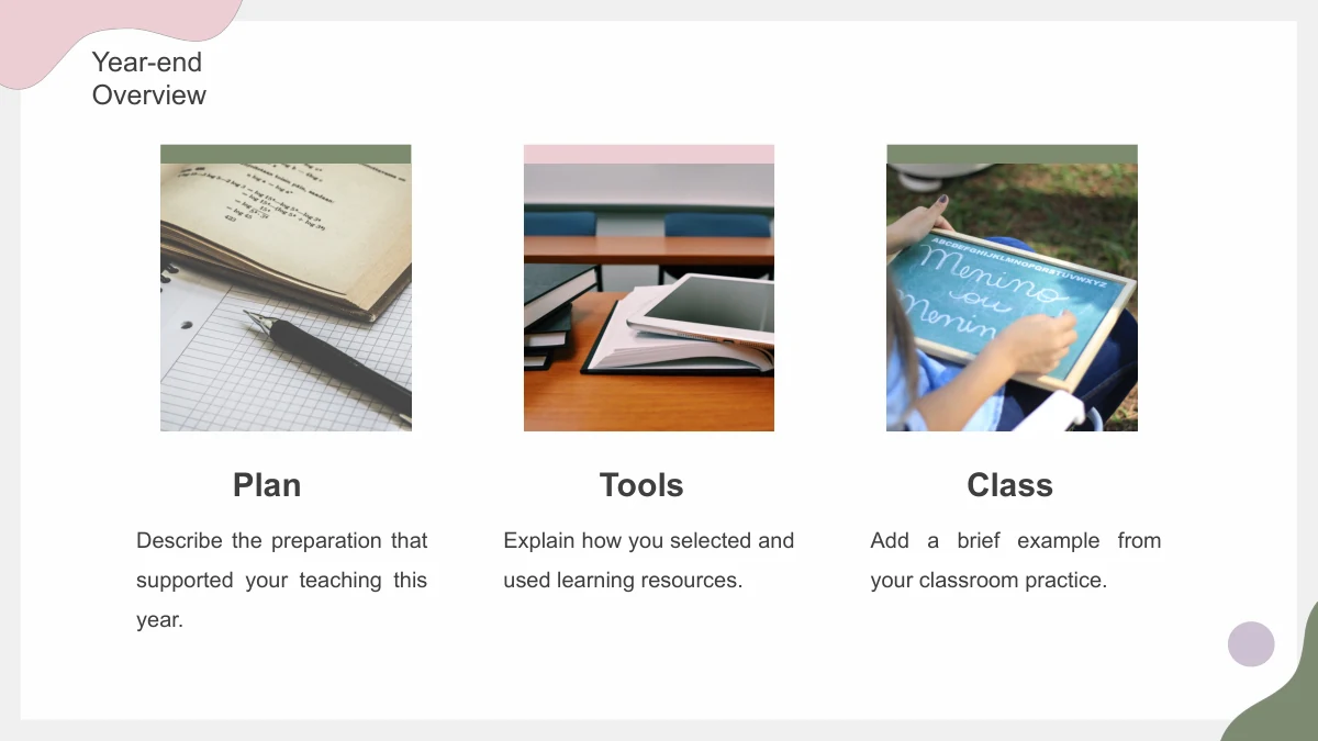 Three tall photographs show writing materials, books with a tablet, and a hand holding a small English chalkboard.