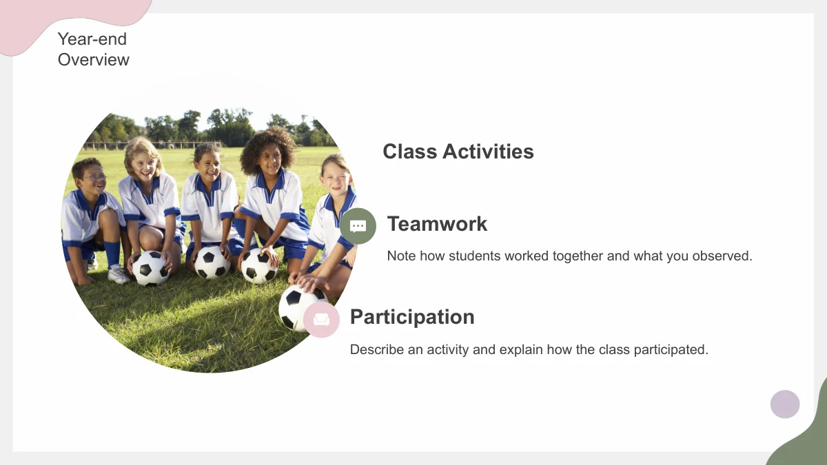 A large circular photograph of children with a football sits beside two icon-led text sections.