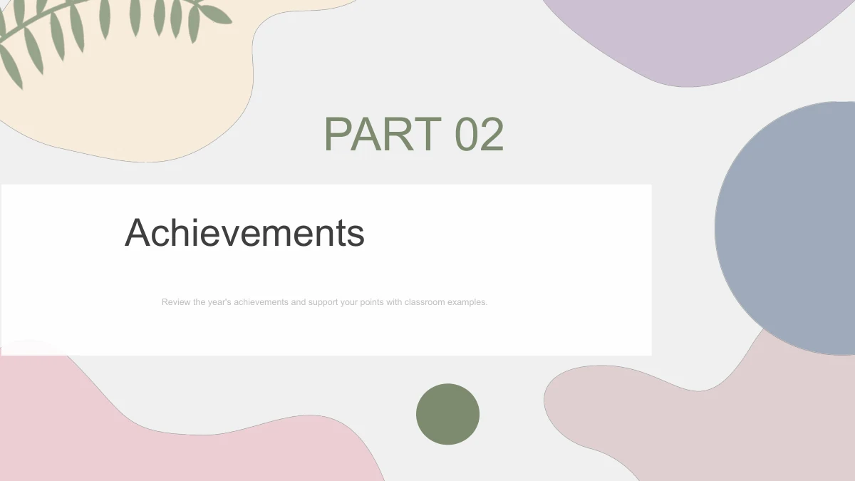 PART 02 and Achievements sit on the matching pastel chapter layout with a white central band.