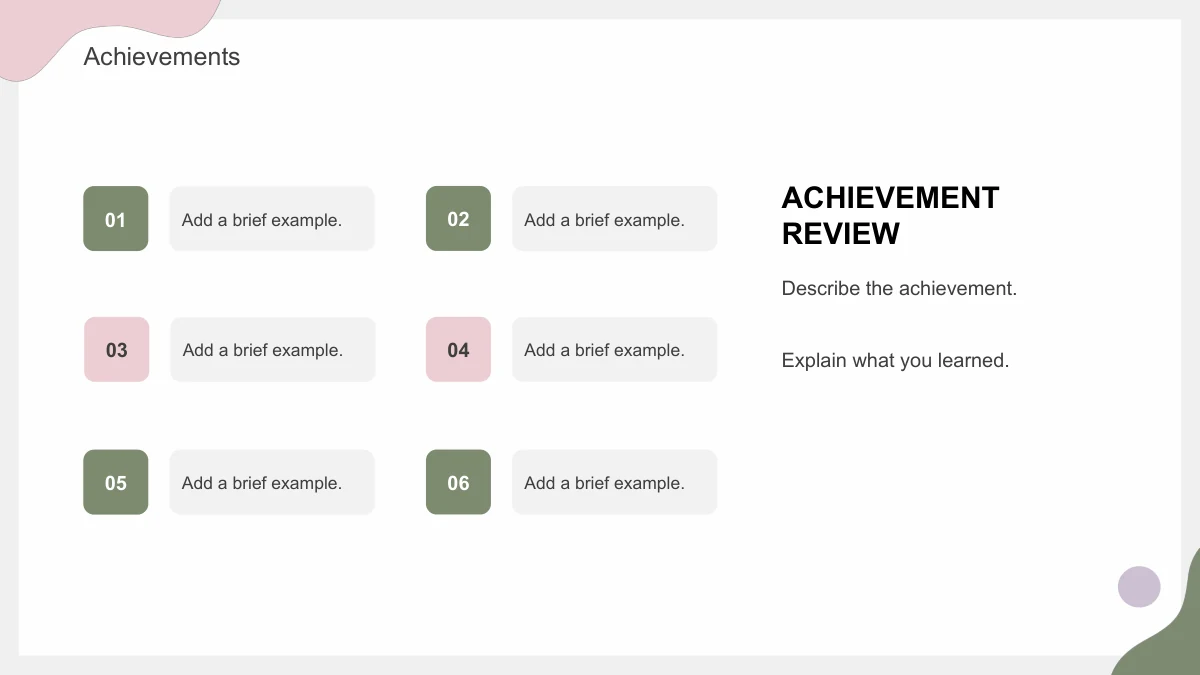 Six numbered sage and pink boxes form a two-column grid beside an Achievement Review heading.