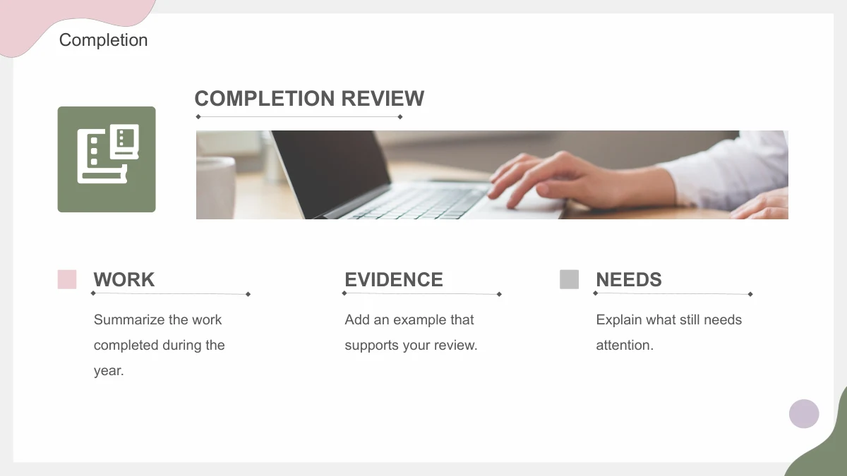 A wide laptop photograph and film icon sit above three underlined columns labeled Work, Evidence and Needs.