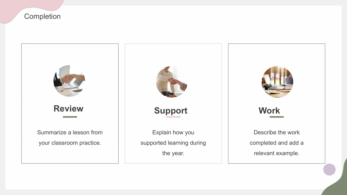Three outlined cards contain circular photographs of a desk exchange, a handshake and a laptop workspace.