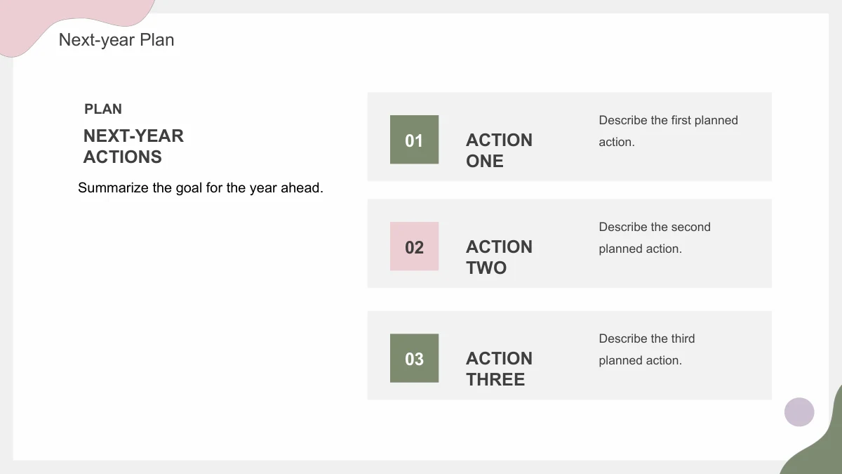 A left-hand Plan summary faces three wide gray rows with colored number blocks and Action One, Two and Three labels.