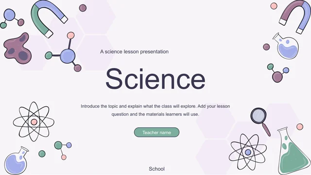 Magnets, flasks, atoms and molecule drawings frame a large Science title, teacher-name field and school label.
