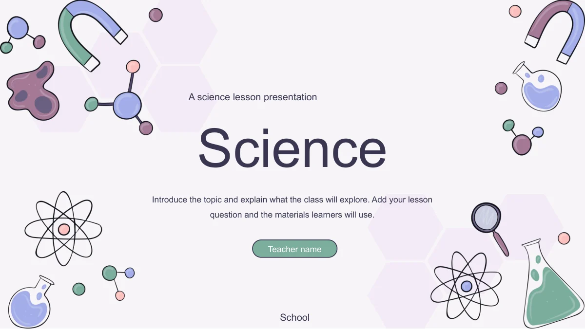 Magnets, flasks, atoms and molecule drawings frame a large Science title, teacher-name field and school label.