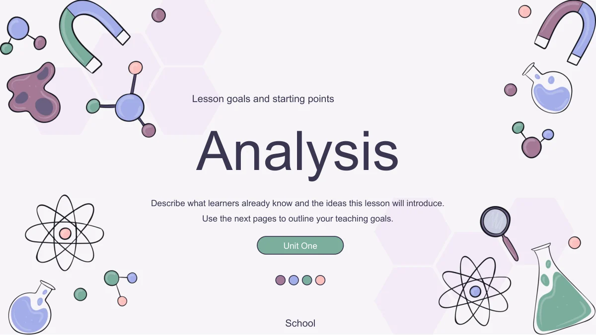 A large Analysis title and a Unit One label sit inside the pastel science frame, above a school placeholder.