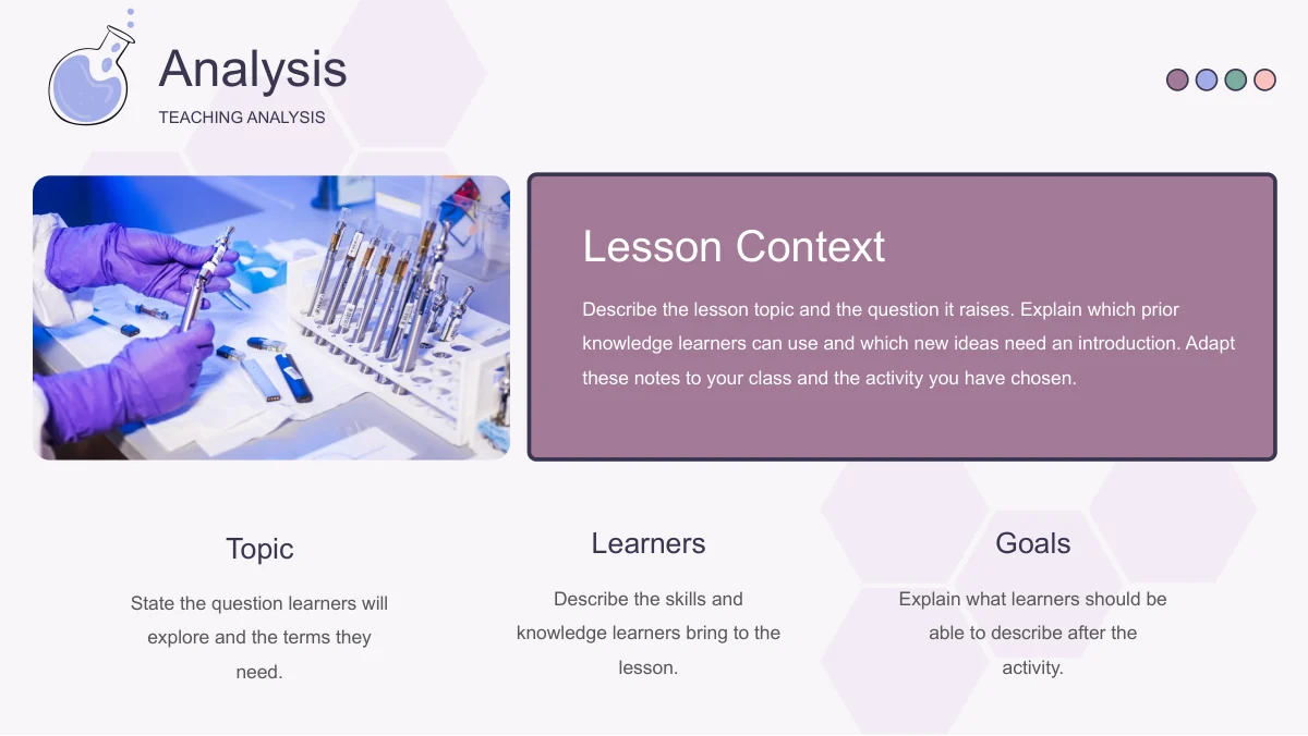 A gloved-hands equipment photo sits left of a mauve Lesson Context panel, with Topic, Learners and Goals below.