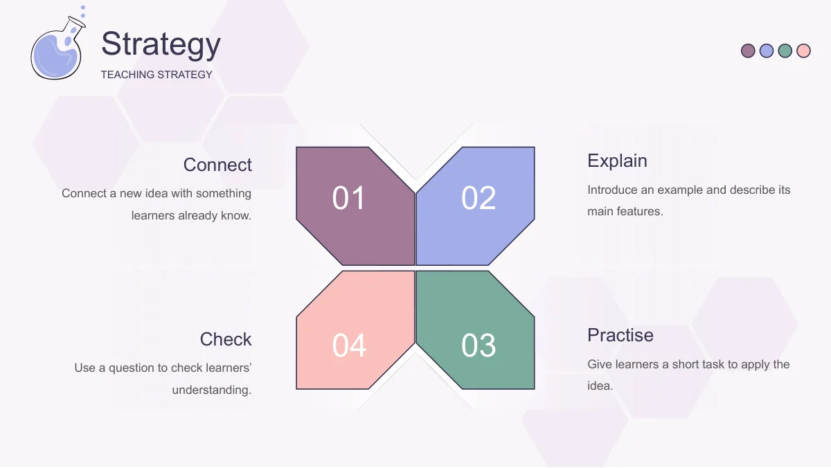Four adjoining mauve, lavender, teal and pink shapes are numbered clockwise 01 to 04 beside Connect, Explain, Practise and Check.
