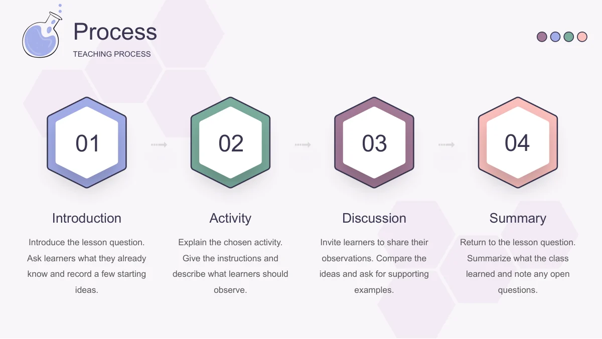Four outlined hexagons numbered 01 to 04 connect with small arrows above Introduction, Activity, Discussion and Summary descriptions.
