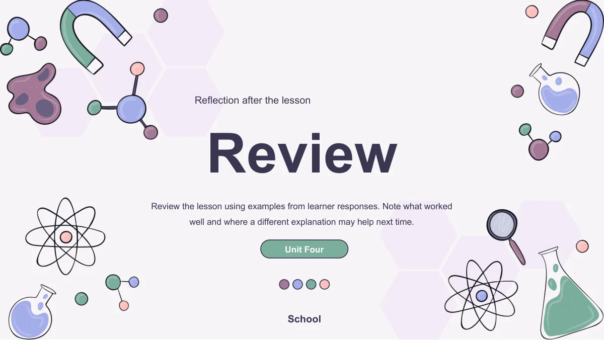 The Review title, a reflection prompt and Unit Four label sit inside the pastel frame of magnets, flasks and atoms.
