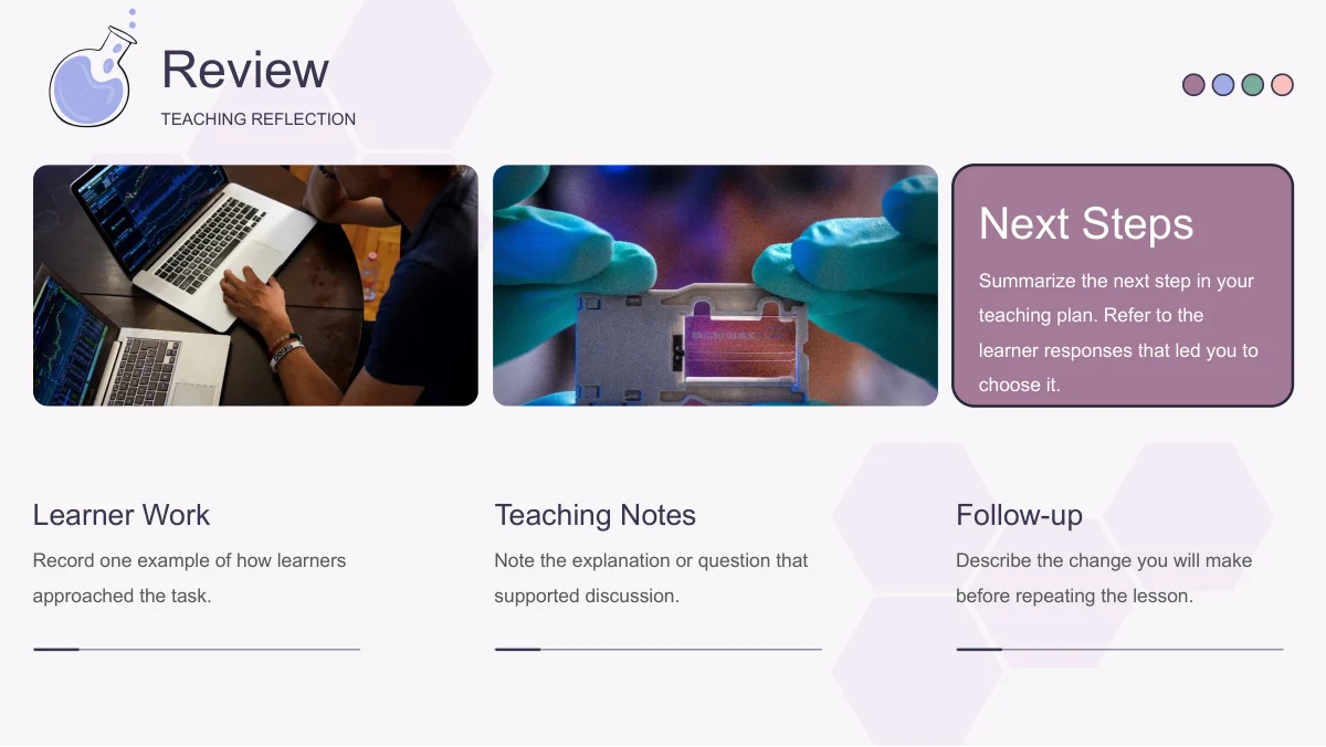 Two photographs of laptop work and a gloved cartridge demonstration sit beside a mauve Next Steps box, above three follow-up text areas.