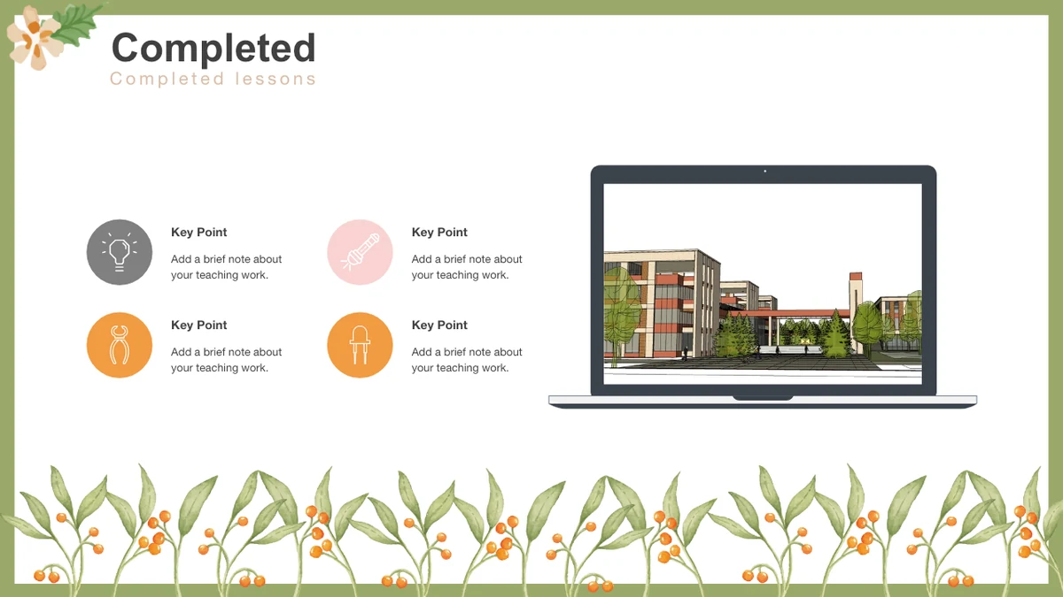 Templat Presentasi Laporan Mengajar Floral Persik, slide 18: Ilustrasi laptop menampilkan gedung sekolah di samping empat catatan berikon.