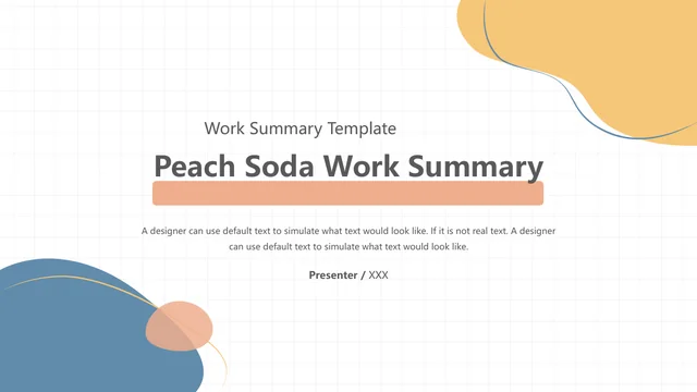 Modelo de apresentação Resumo de trabalho Soda de pêssego — 1: Uma grade branca sustenta o título Peach Soda Work Summary e uma faixa pêssego, com formas azuis e amarelas nos cantos e um campo de apresentador.
