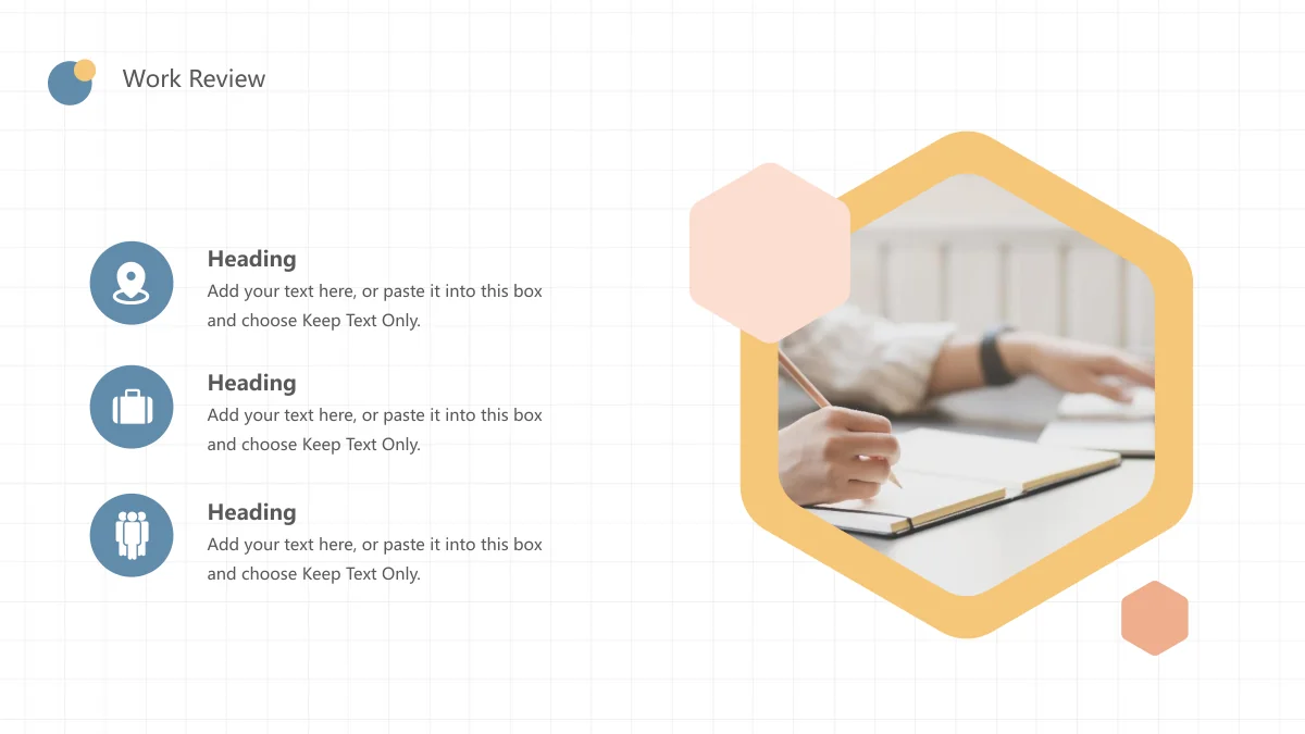 Peach Soda Work Summary Presentation Template — slide 4: Map-pin, briefcase and people icons introduce three notes beside a handwriting photo in a yellow hexagonal frame.