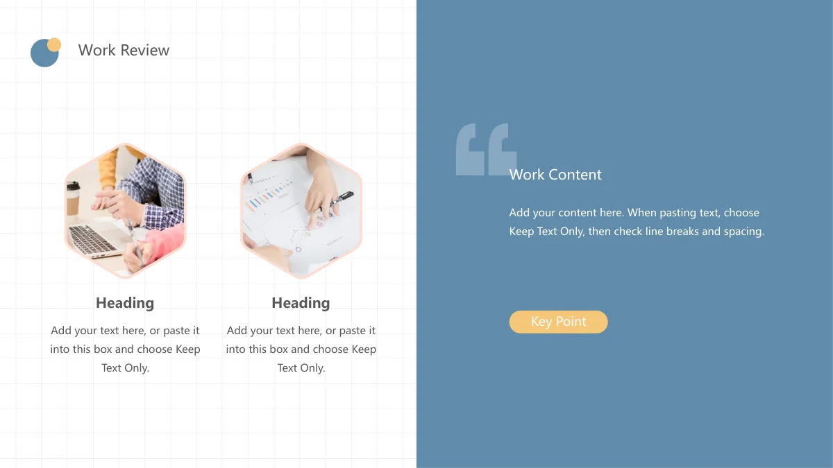 Peach Soda Work Summary Presentation Template — slide 5: Two office photos in peach hexagons sit beside a blue Work Content panel, sample instructions and a yellow Key Point pill.