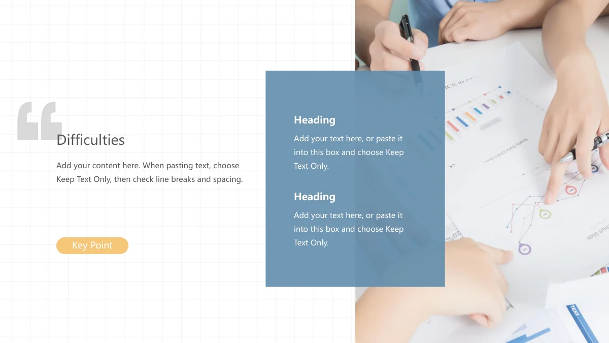 Peach Soda Work Summary Presentation Template — slide 8: A paper-chart photo occupies the right side behind a translucent blue panel with two notes; a Difficulties quote block sits on the left.