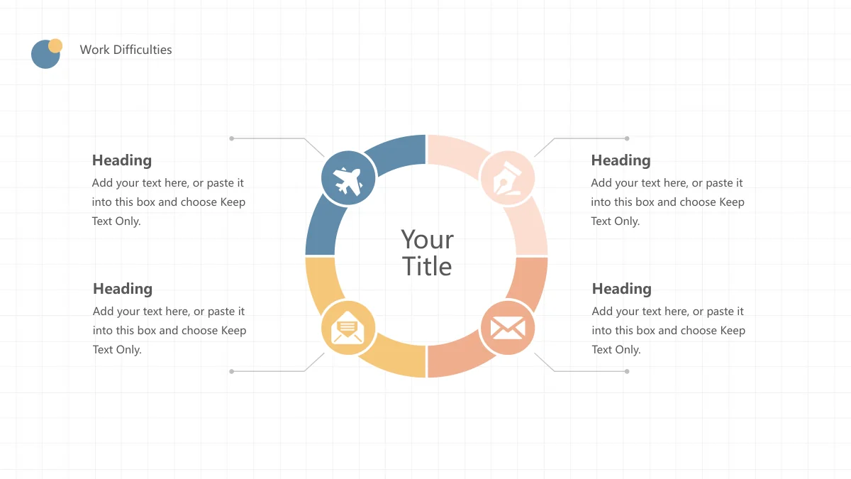 Peach Soda Work Summary Presentation Template — slide 9: A manual blue, yellow, peach and blush ring surrounds Your Title and links four icons to four separate notes.