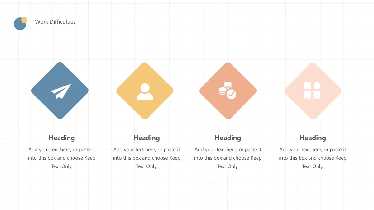 Peach Soda Work Summary Presentation Template — slide 10: Blue, yellow, peach and blush diamonds display a paper plane, person, coins and four squares above four sample notes.
