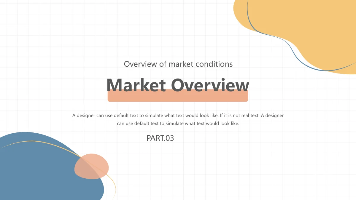 Peach Soda Work Summary Presentation Template — slide 11: Market Overview and PART.03 sit below Overview of market conditions, with the recurring peach title bar and corner shapes.