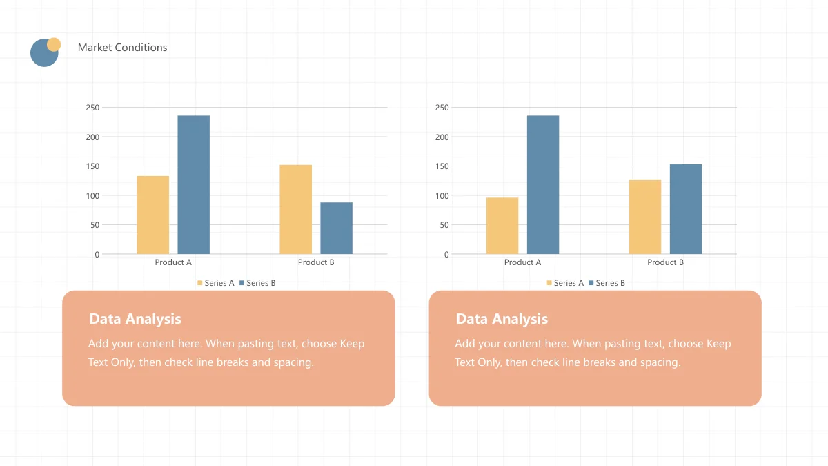 Peach Soda Work Summary Presentation Template — slide 14: Two editable column charts compare Product A and Product B with yellow Series A and blue Series B bars, above peach Data Analysis panels.