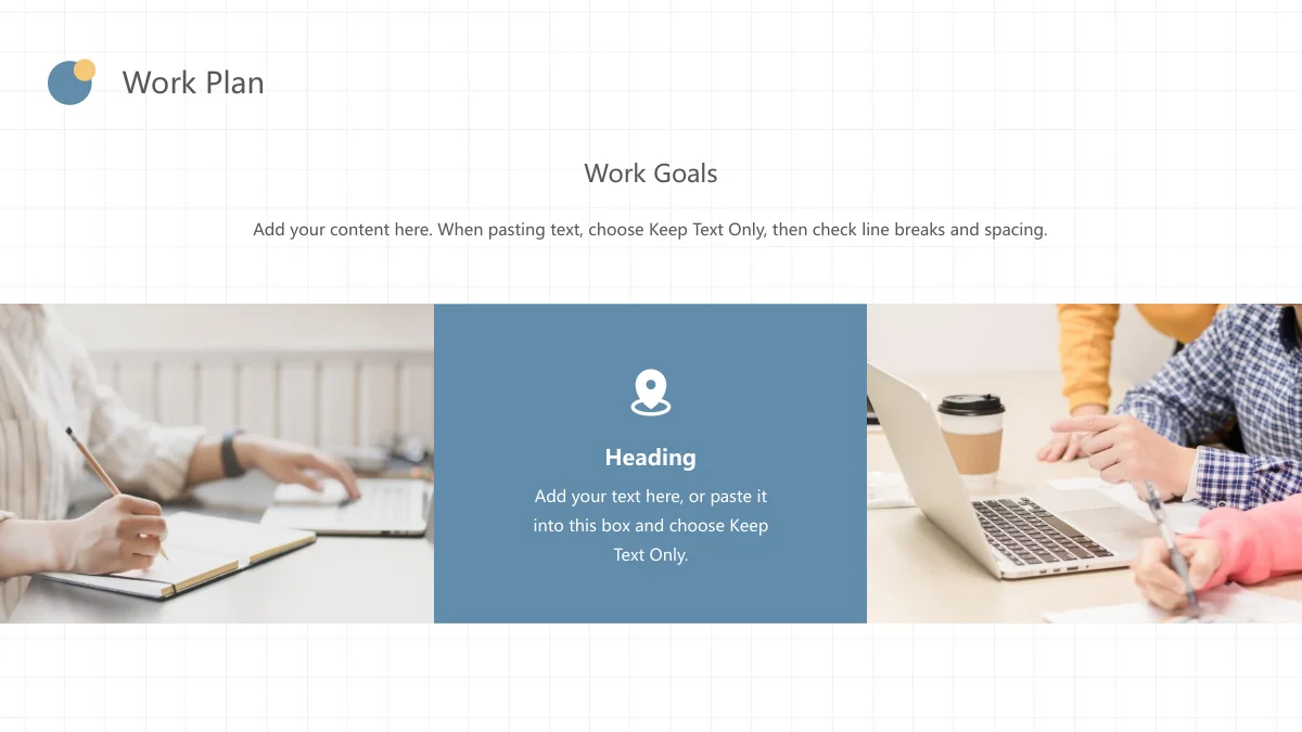 Peach Soda Work Summary Presentation Template — slide 16: Handwriting and laptop photos flank a blue panel with a map-pin icon and sample note below the Work Goals heading.