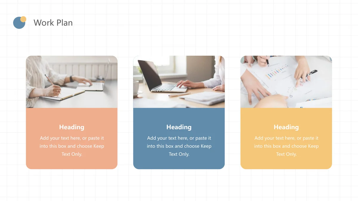 Peach Soda Work Summary Presentation Template — slide 17: Three cards combine handwriting, laptop and printed-chart photos with peach, blue and yellow note panels.
