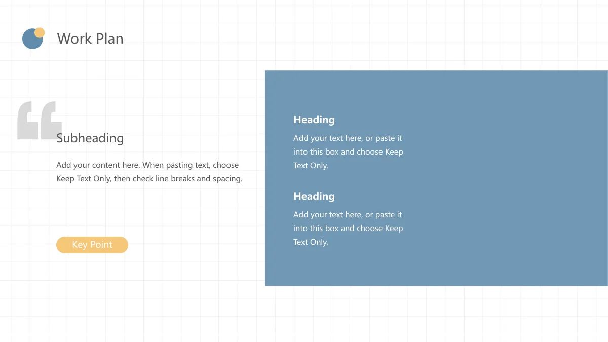 Peach Soda Work Summary Presentation Template — slide 18: A Subheading quote block and yellow Key Point pill sit beside a large translucent blue panel containing two sample notes.