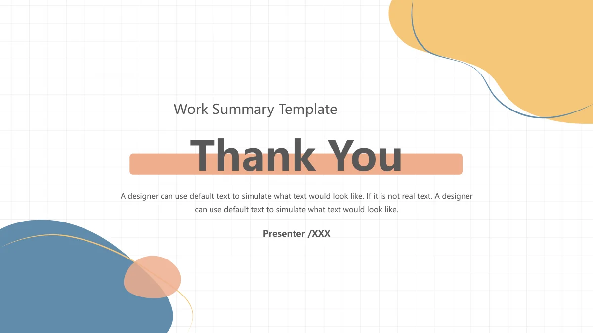 Peach Soda Work Summary Presentation Template — slide 19: Thank You appears above the peach bar, with Work Summary Template, a sample English paragraph and a Presenter placeholder.