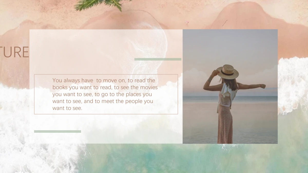 피치빛 해변 여행 앨범 프레젠테이션 템플릿 — 세로 인물 사진과 옅은 인용문 패널.