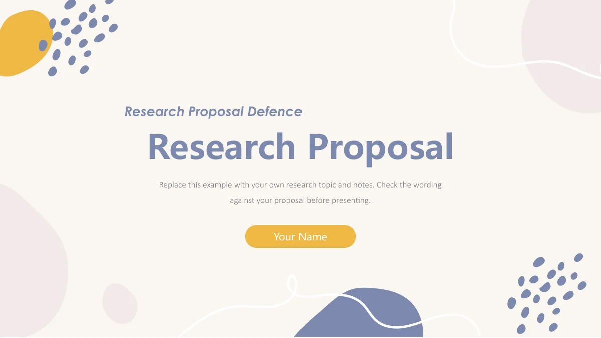 Capa creme com Research Proposal em pervinca, etiqueta amarela de nome e curvas brancas.