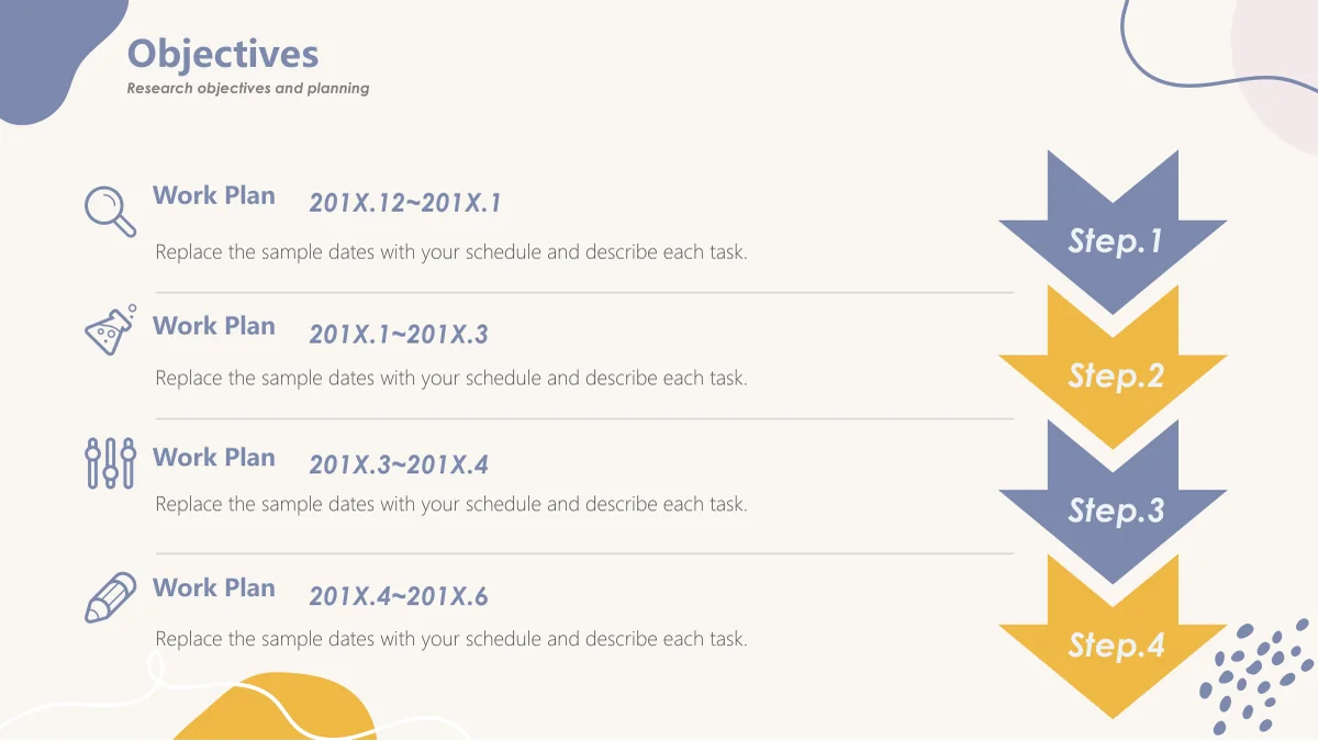 Quatro linhas Work Plan com ícones, datas 201X e setas Step.1 a Step.4.